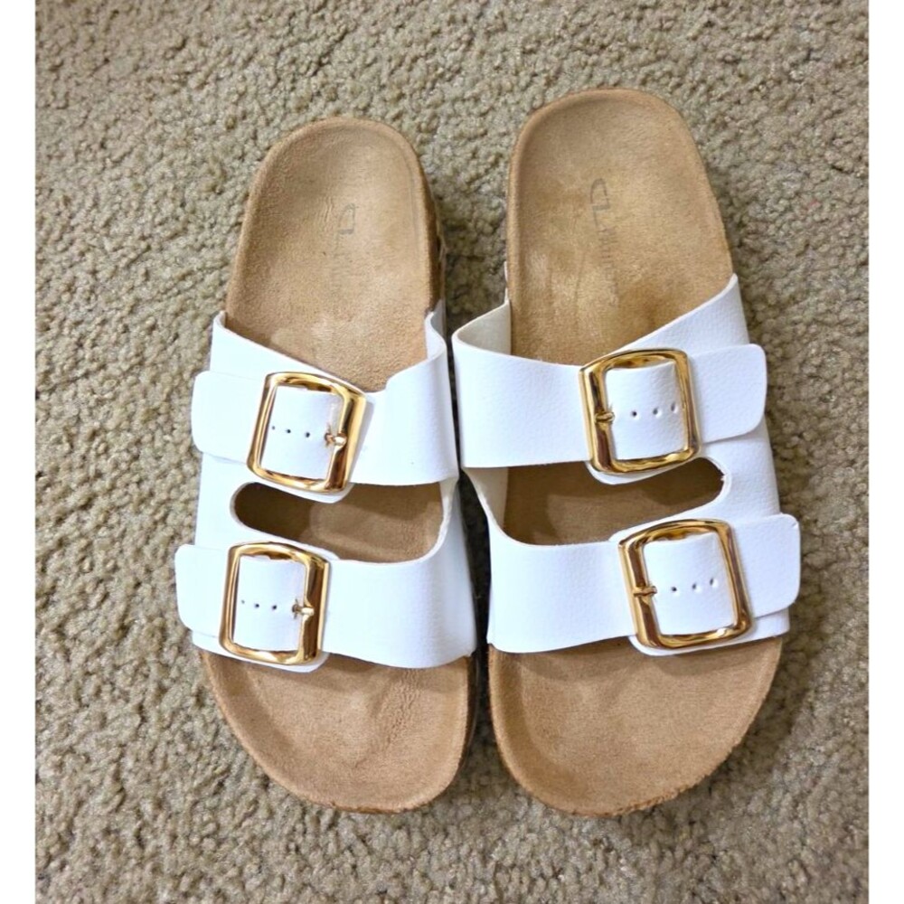 Women’s White Double Buckle Slide Sandals, Adjustable Straps, Synthetic, 6